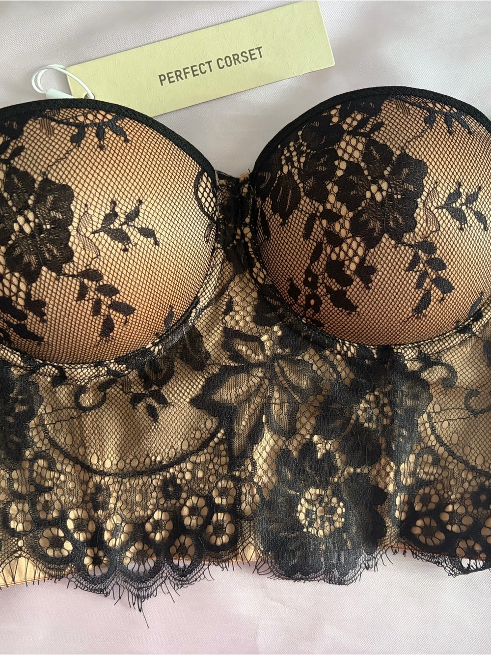 Perfect Corset Black Lace Longline Bustier Crop Top with Nude Lining